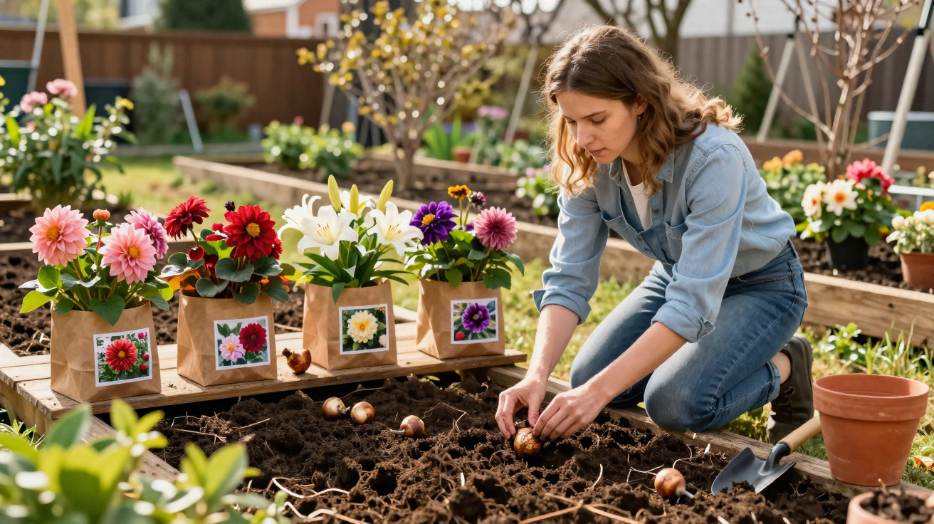 Mulher plantando bulbos em canteiro de terra com flores coloridas e ferramentas de jardinagem ao redor.