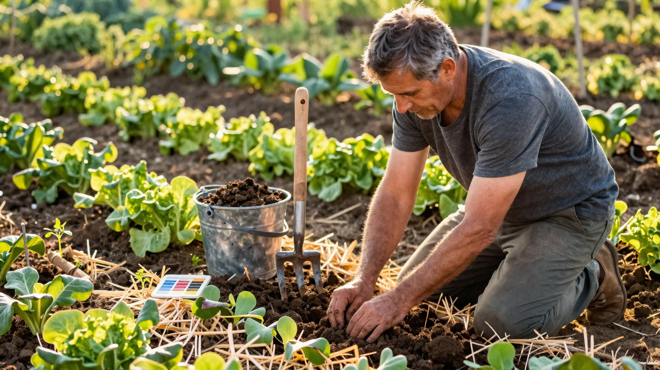 Homem agricultor ajoelhado planta mudas em horta com regador e ancinho ao lado.