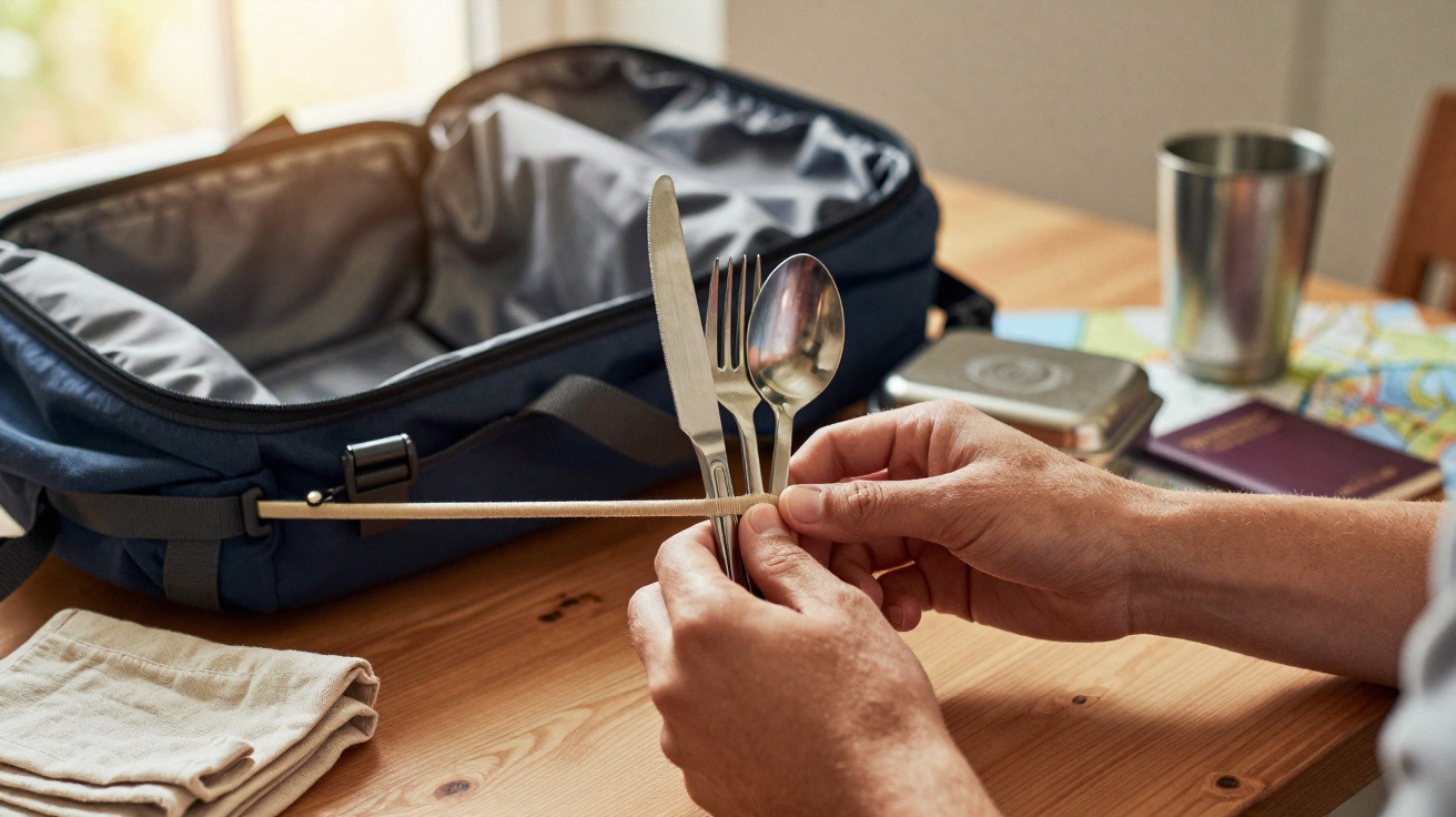 Pessoa segurando talheres reutilizáveis em uma mesa com mochila aberta ao fundo pronta para viagem.