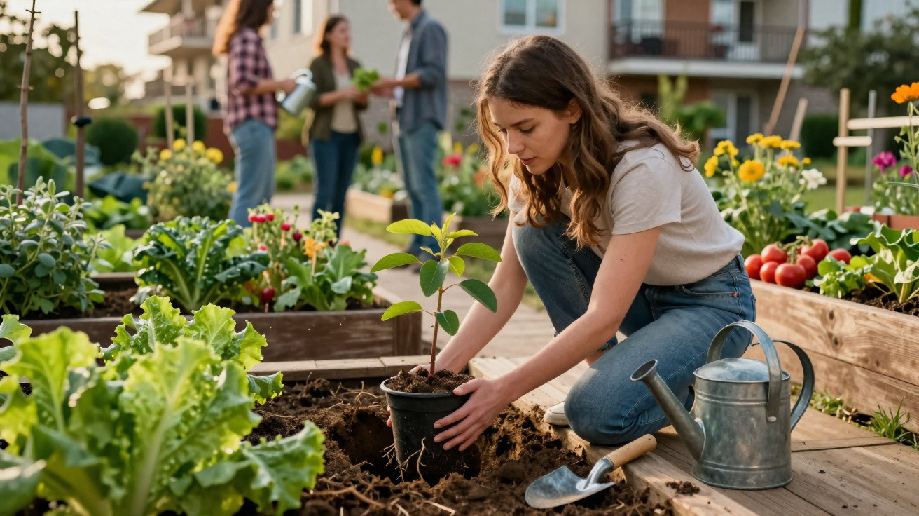 Jovem plantando muda em jardim comunitário com regador e pessoas conversando ao fundo.
