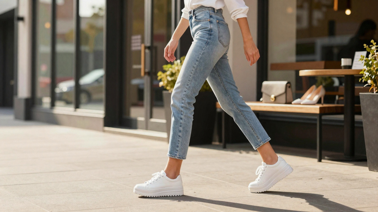 Pessoa caminhando de tênis branco, calça jeans e blusa branca em calçada urbana próxima a loja.