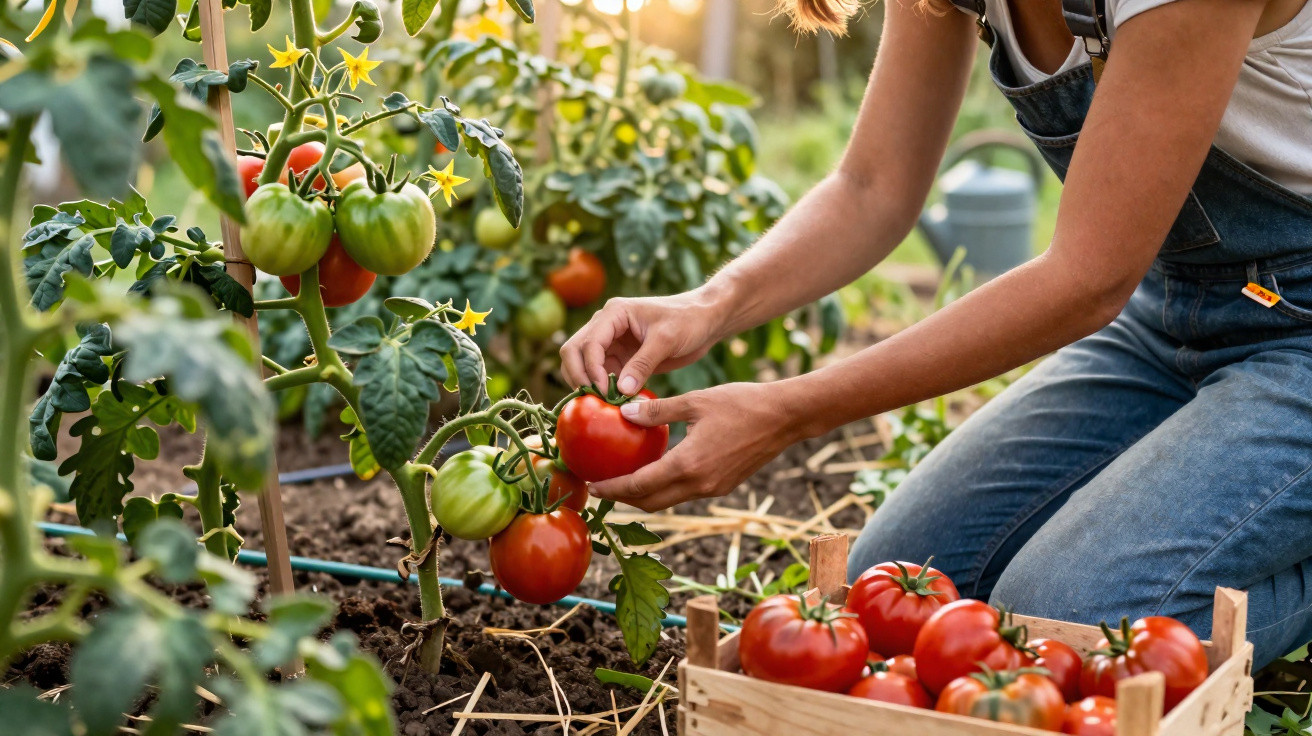 Pessoa colhendo tomates vermelhos maduros em plantação orgânica ao ar livre, com caixa de madeira cheia.