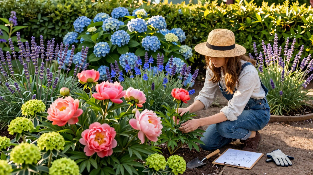 Mulher com chapéu cuidando de flores coloridas em jardim ensolarado, cercada por ferramentas de jardinagem.