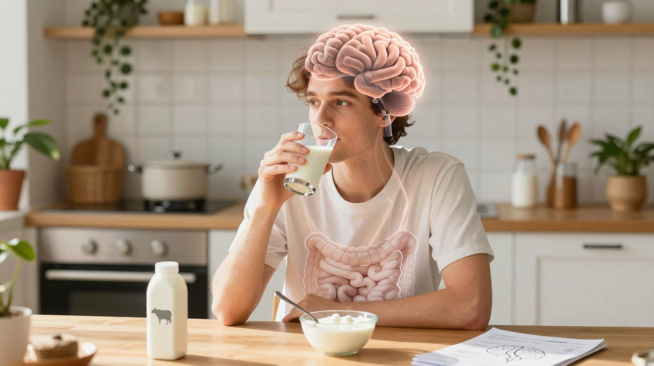 Jovem bebendo leite na cozinha com ilustrações do cérebro e intestinos sobrepostas no corpo.