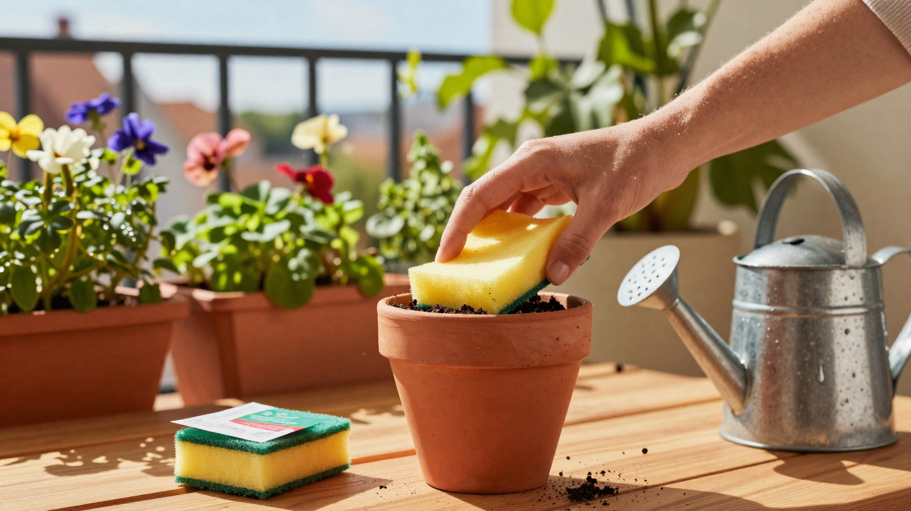 Mão segurando esponja amarela dentro de vaso de barro, regador e flores ao fundo em varanda ensolarada.