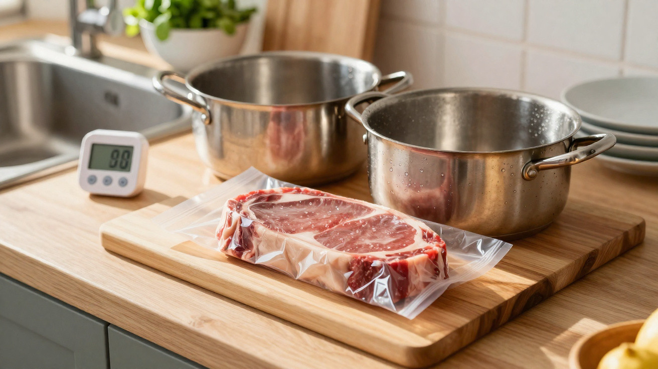Bife embalado a vácuo sobre tábua de madeira, com panelas e timer de cozinha ao fundo.