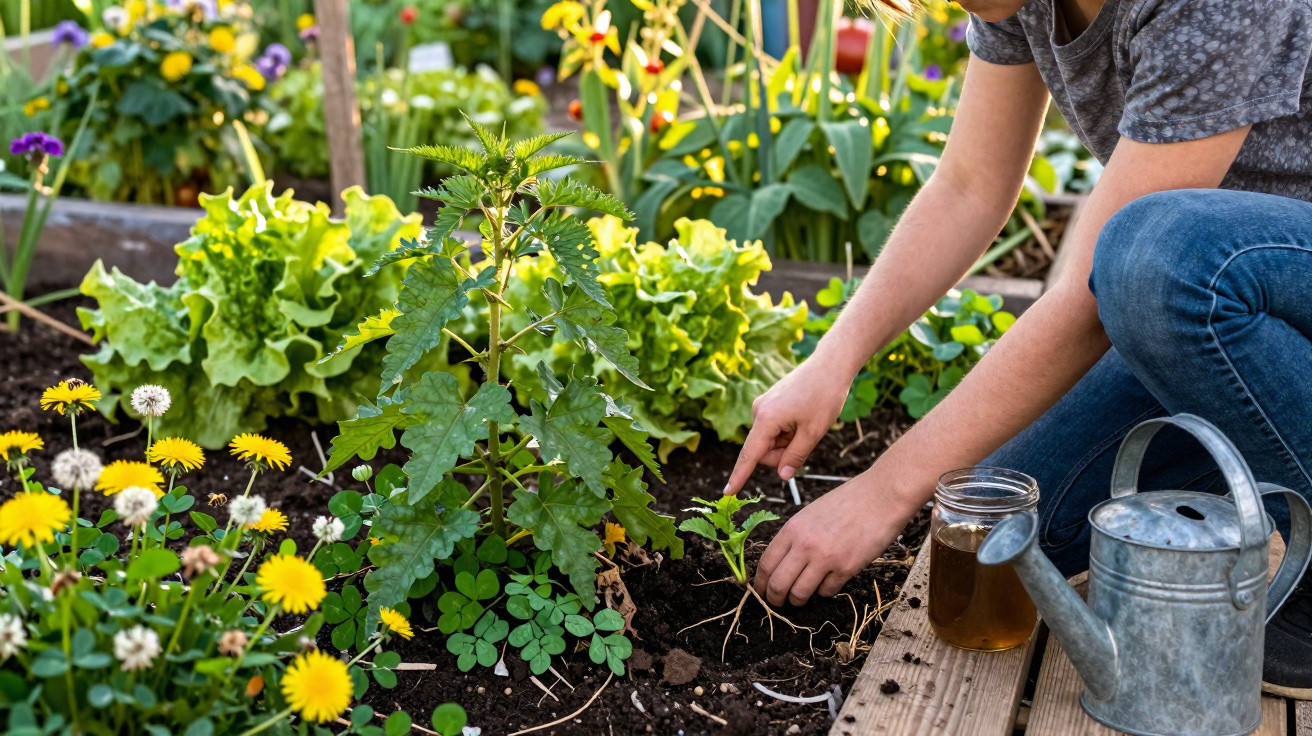 Pessoa plantando mudas em canteiro com flores e hortaliças, com regador e jarra ao lado.