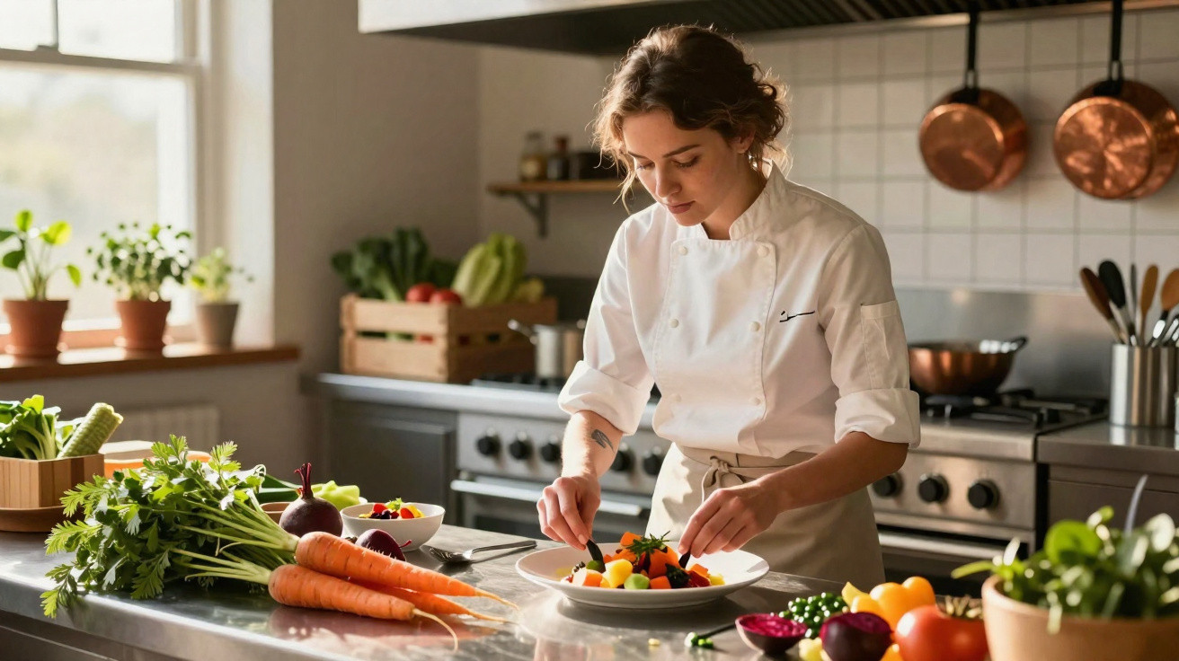 Chef mulher decorando prato com salada colorida em cozinha moderna e bem iluminada.