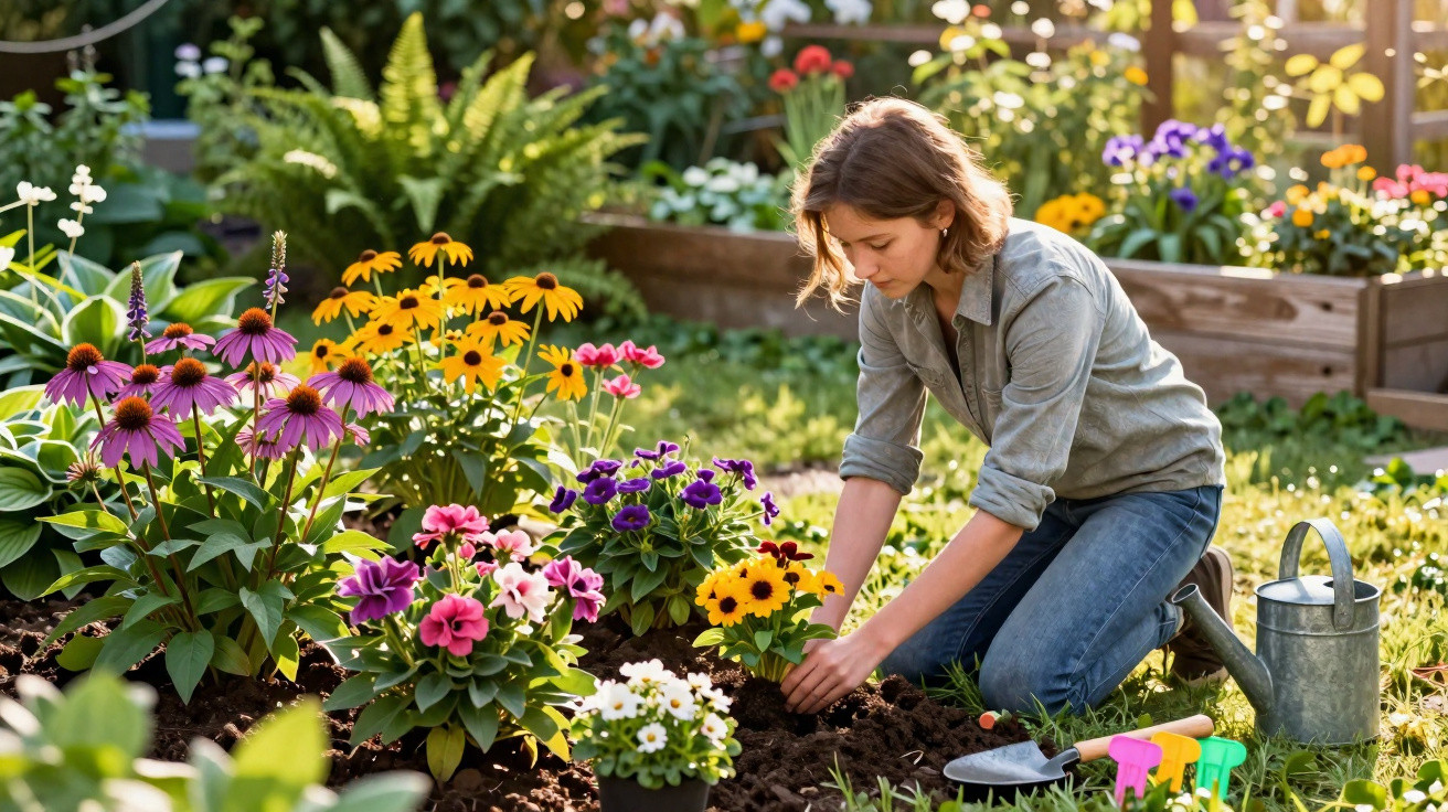 Mulher ajoelhada cuidando de flores coloridas em jardim com regador e ferramentas ao lado.