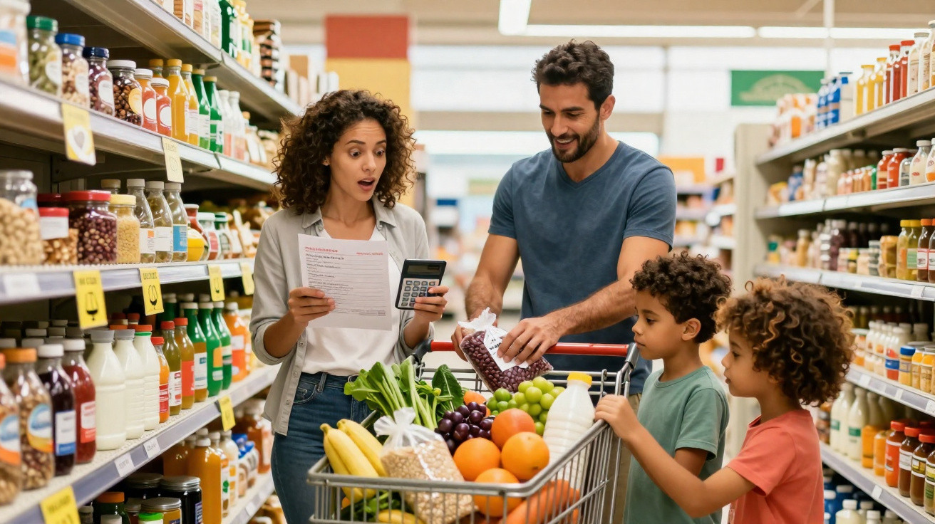 Família fazendo compras no supermercado com carrinho cheio de frutas, legumes e produtos diversos.