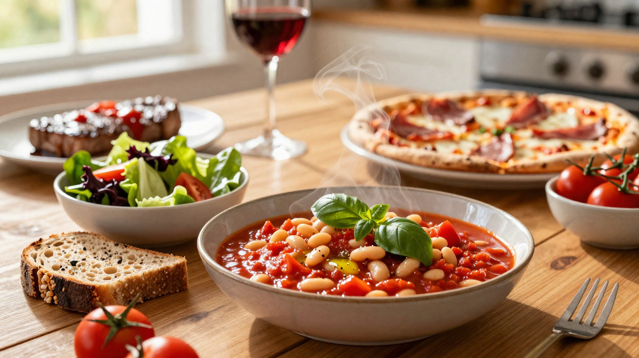 Sopa de feijão com manjericão, acompanhada de pão, salada, pizza e taça de vinho sobre mesa de madeira.