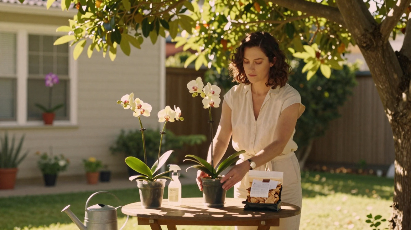 Mulher cuidando de orquídeas em vaso sobre mesa no jardim, com regador e produtos de jardinagem ao lado.