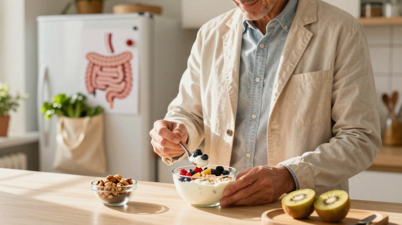 Homem sorridente com jaleco comendo iogurte com frutas vermelhas e granola em cozinha iluminada.