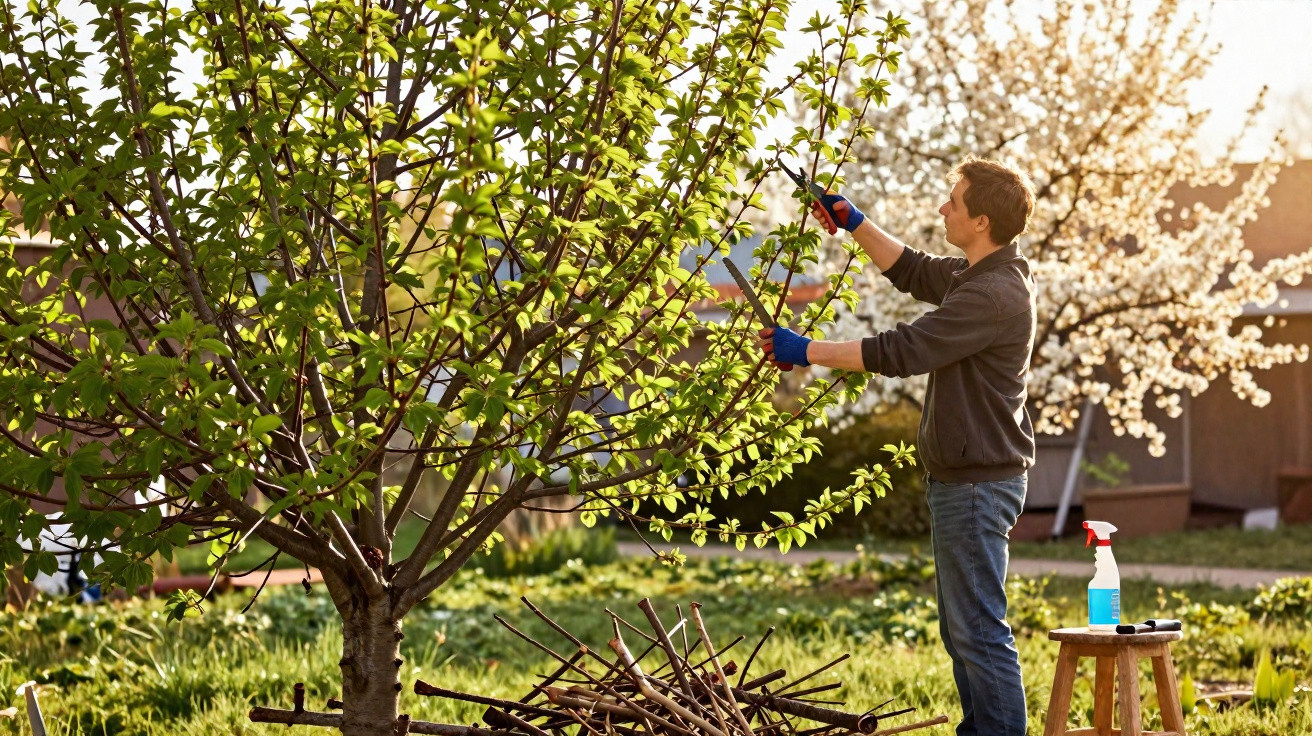 Homem podando galhos de árvore com tesoura de poda em jardim ensolarado na primavera.