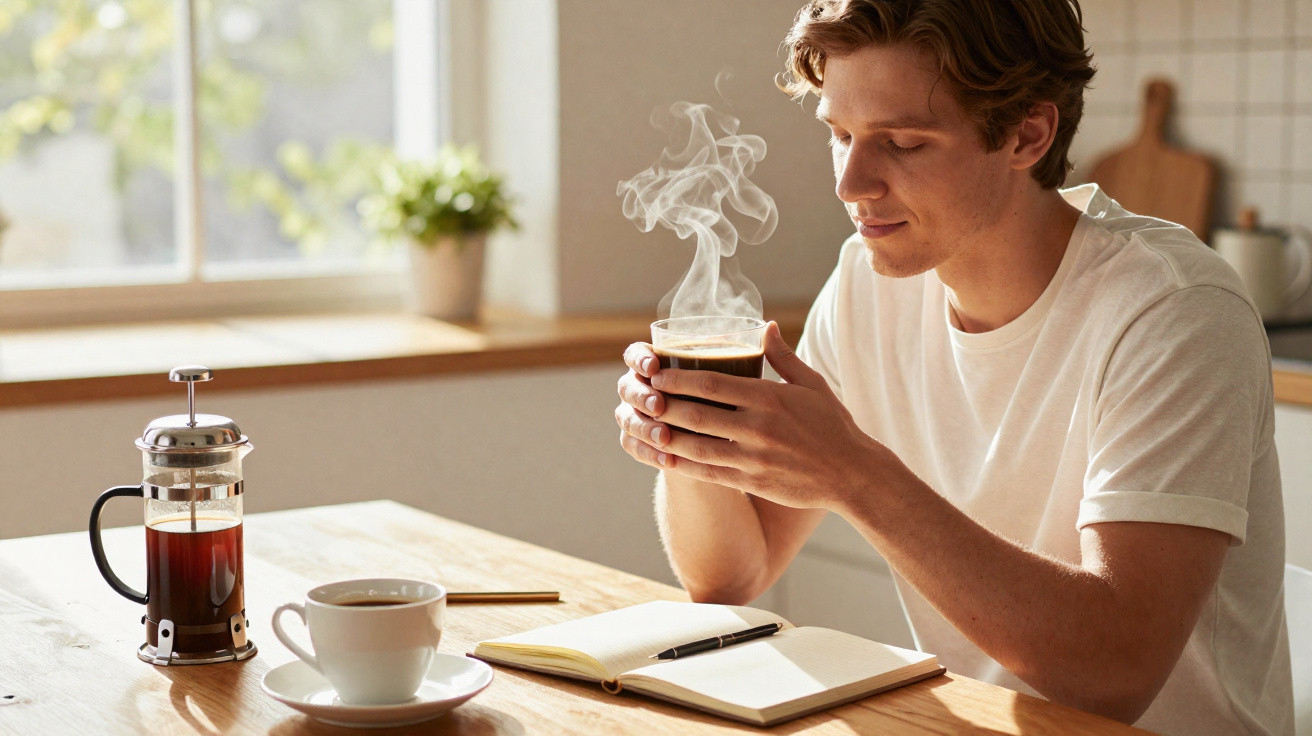 Homem segurando xícara de café fumegante à mesa com prensa francesa, caderno e caneta em ambiente iluminado.