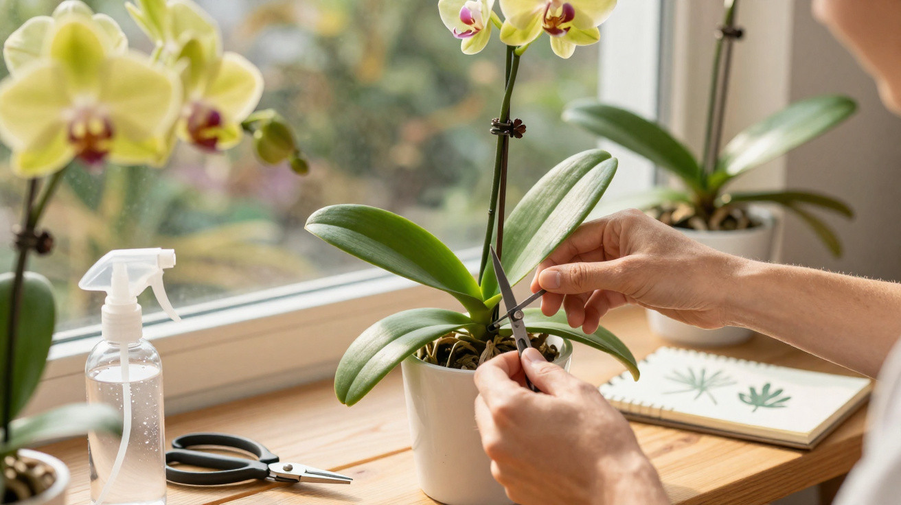 Pessoa podando orquídea amarela em vaso branco próximo à janela, com borrifador e caderno ao lado.