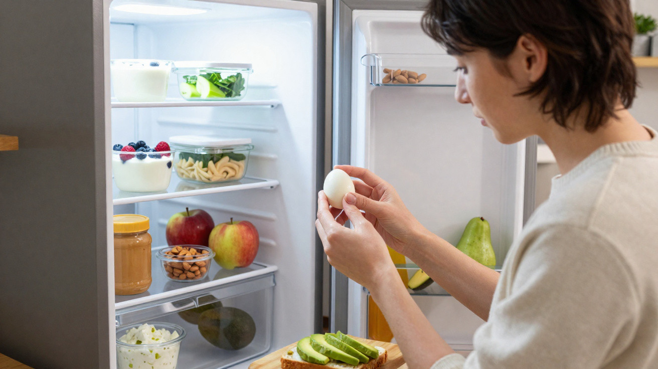 Pessoa abrindo a geladeira, segurando um ovo, com alimentos saudáveis no interior.