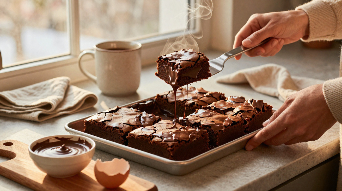 Pedaço de brownie quente sendo retirado de forma com chocolate derretido escorrendo e uma xícara ao fundo.