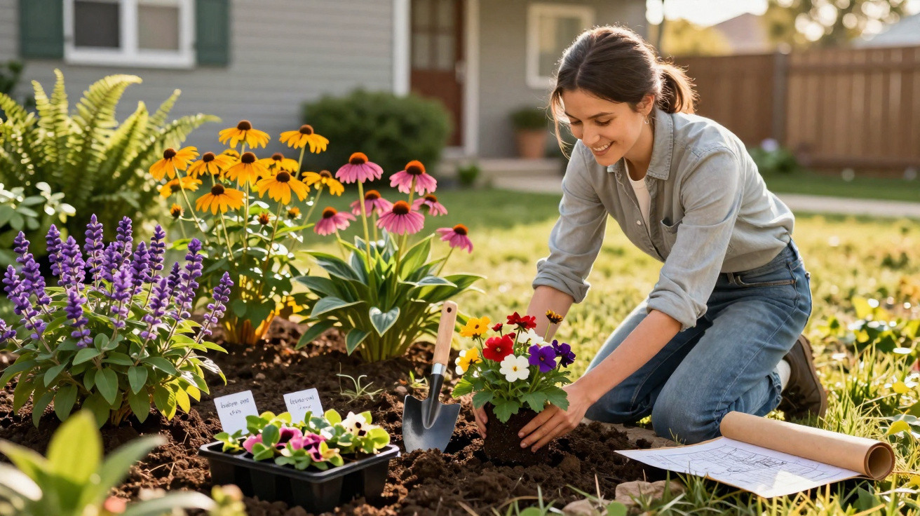 Mulher sorridente plantando flores coloridas em jardim residencial ensolarado.