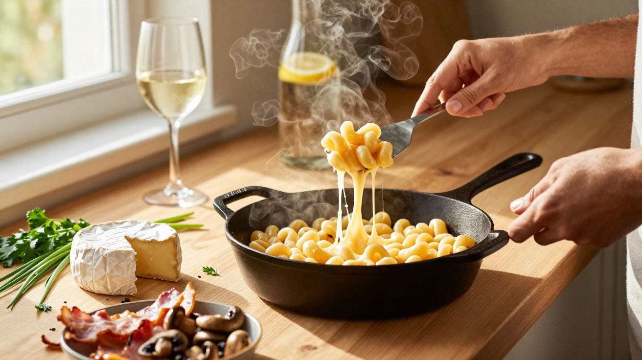 Mãos mexendo macarrão com queijo derretido em frigideira, com vinho, queijo, bacon e cogumelos na mesa.