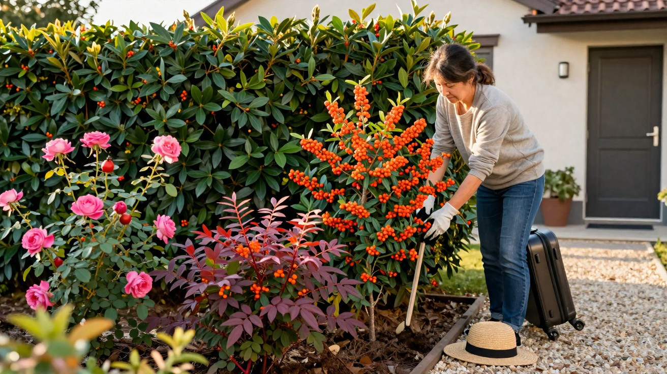 Mulher cuidando do jardim com plantas floridas e malas, em área externa de casa com caminho de pedras.