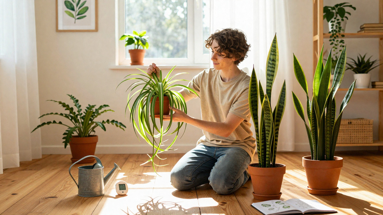 Pessoa ajoelhada cuidando de plantas em vaso dentro de casa iluminada pela luz do sol.
