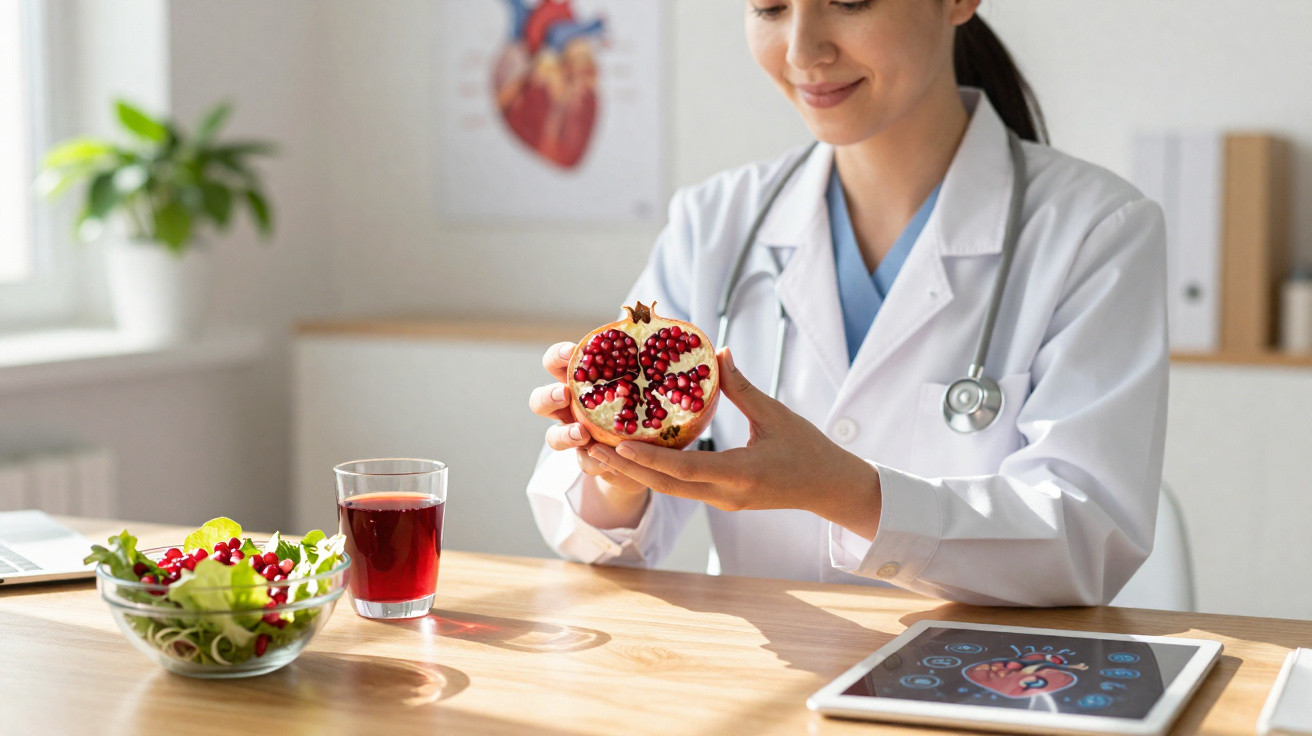Médica segurando uma romã cortada ao meio, com salada, suco e tablet na mesa à sua frente.