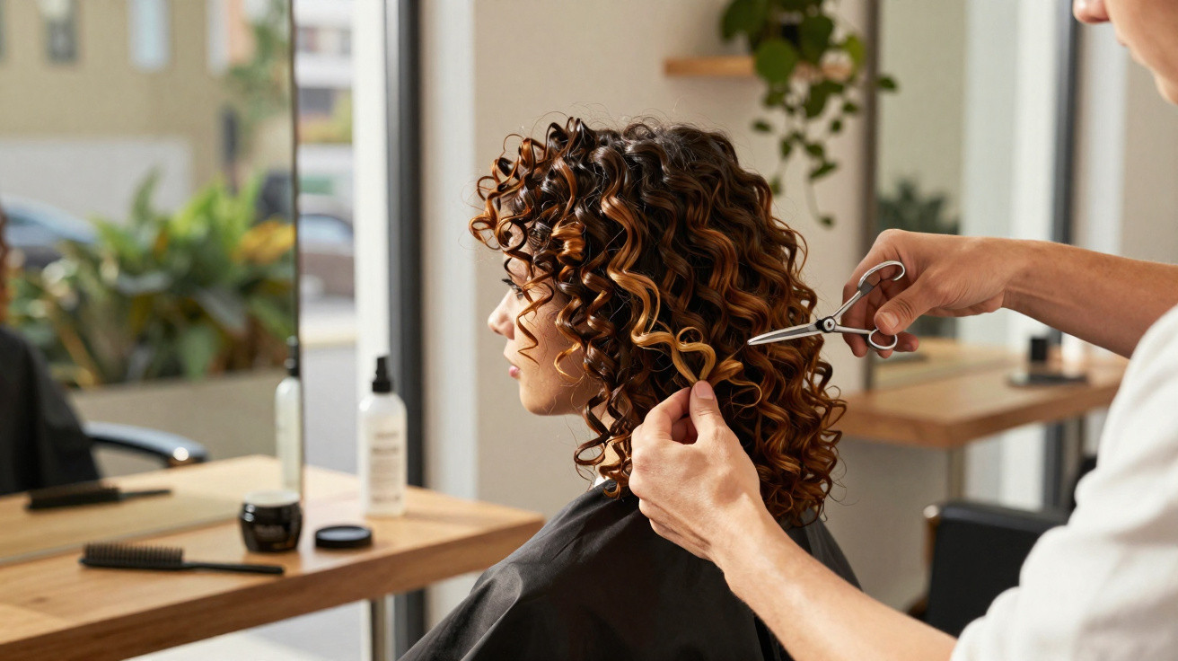 Cabeleireiro cortando cabelo cacheado e tingido de uma cliente em salão de beleza moderno.
