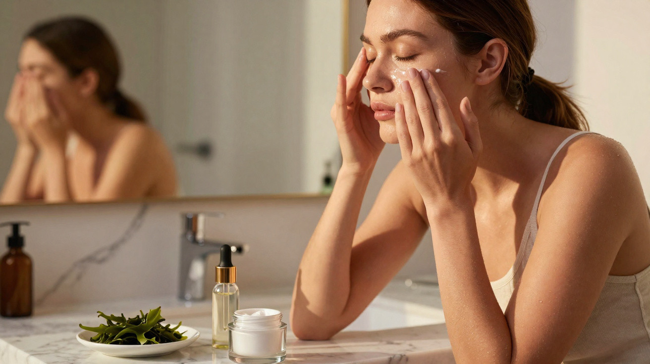 Mulher aplicando creme facial no rosto em banheiro com espelho e produtos de cuidados na bancada.