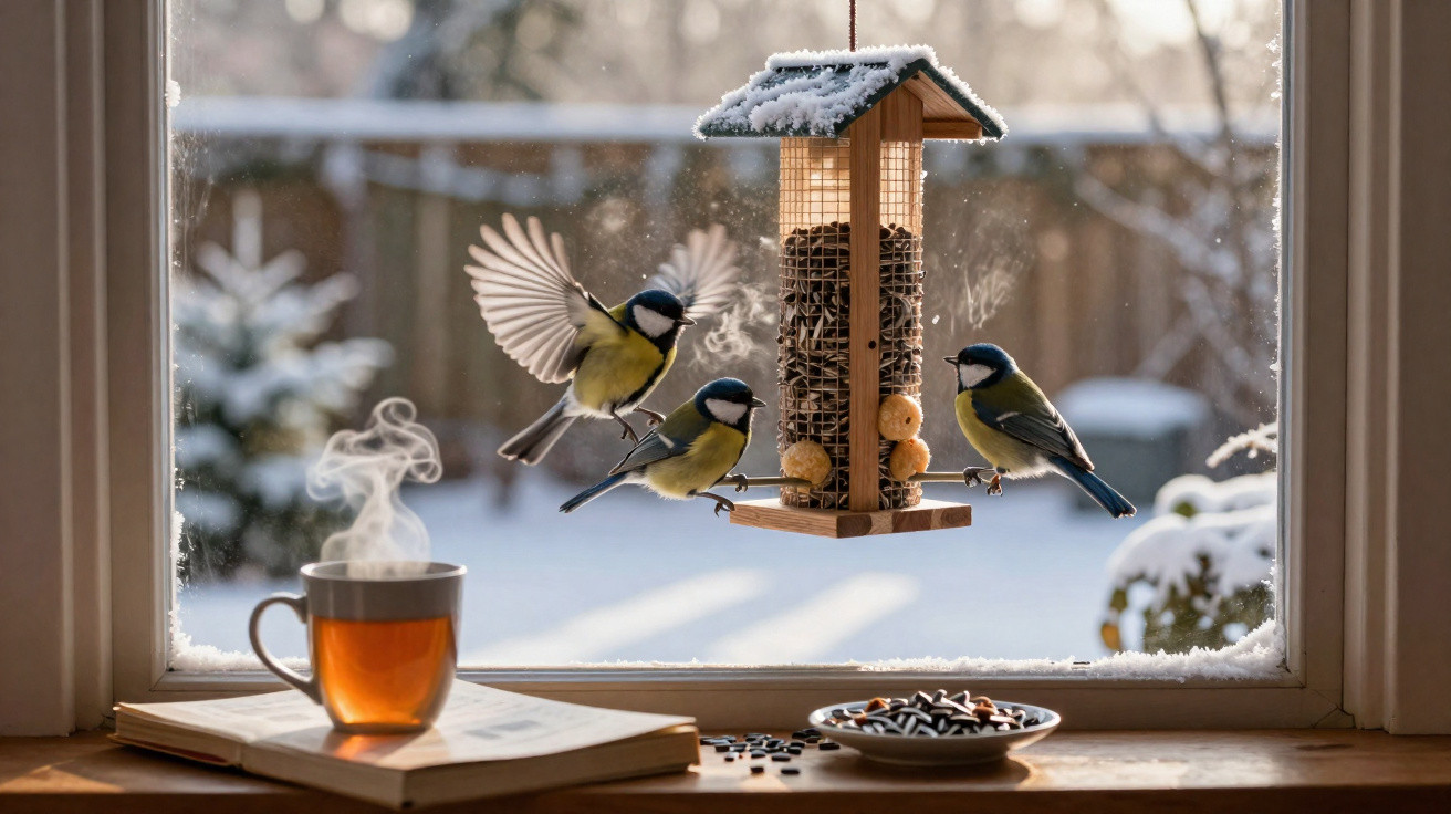 Três pássaros alimentam-se em comedouro coberto de neve, com xícara de chá e livro junto à janela no inverno.