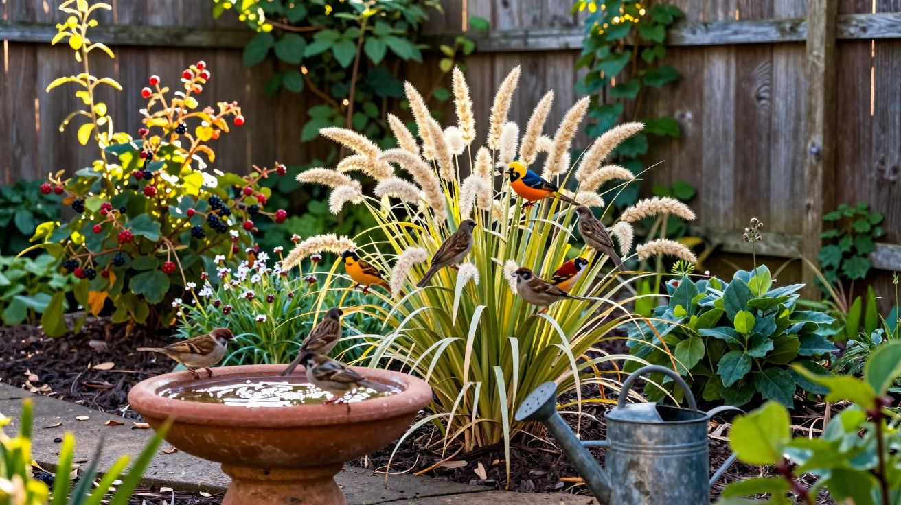 Jardim com pássaros coloridos, plantas, bebedouro de pedra e regador de metal.