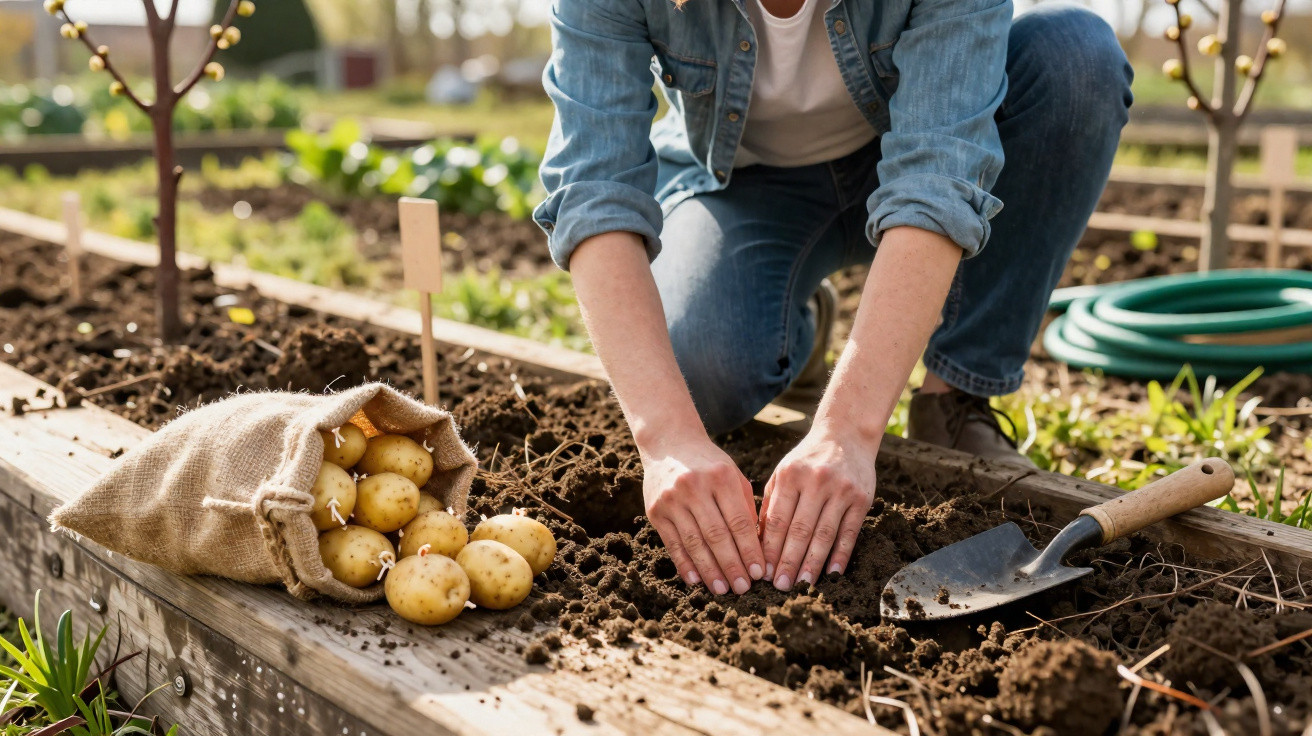 Pessoa plantando batatas em canteiro de terra, ao lado de saco com batatas e pá de jardinagem.