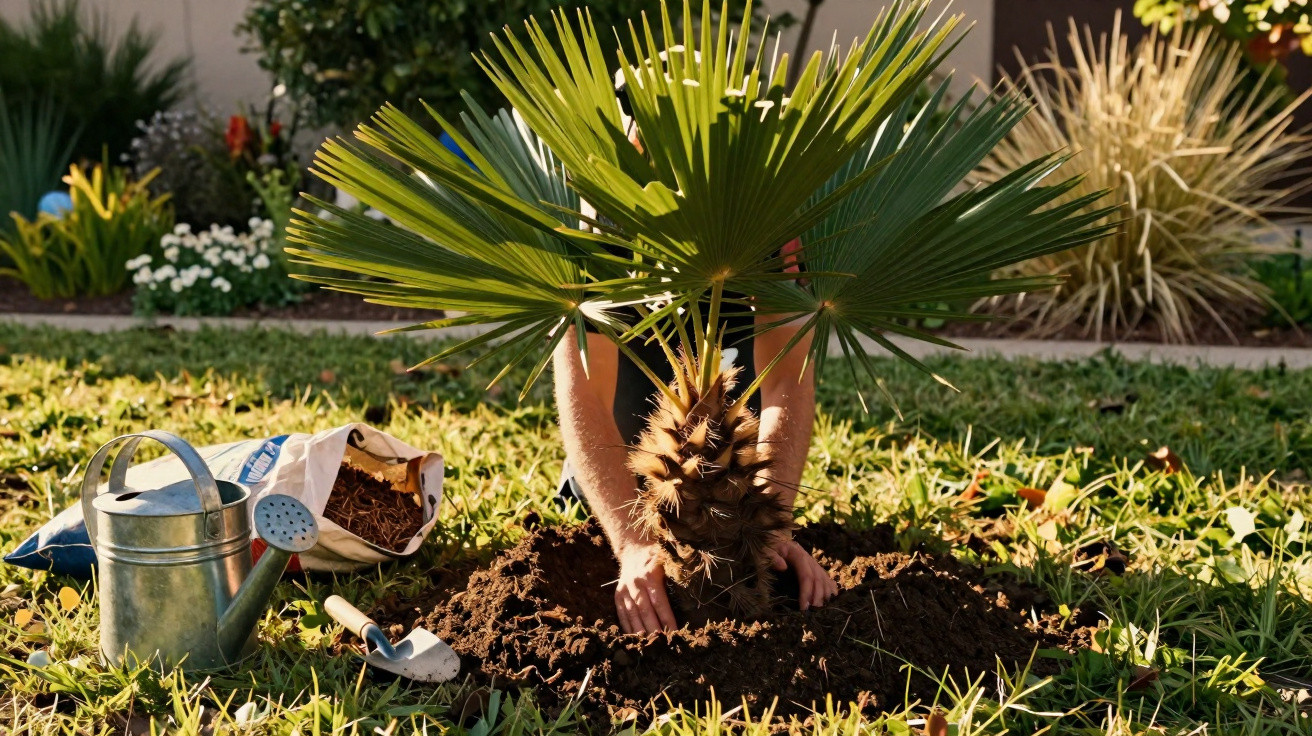Pessoa plantando palmeira em jardim, com regador, pá e saco de terra ao lado.