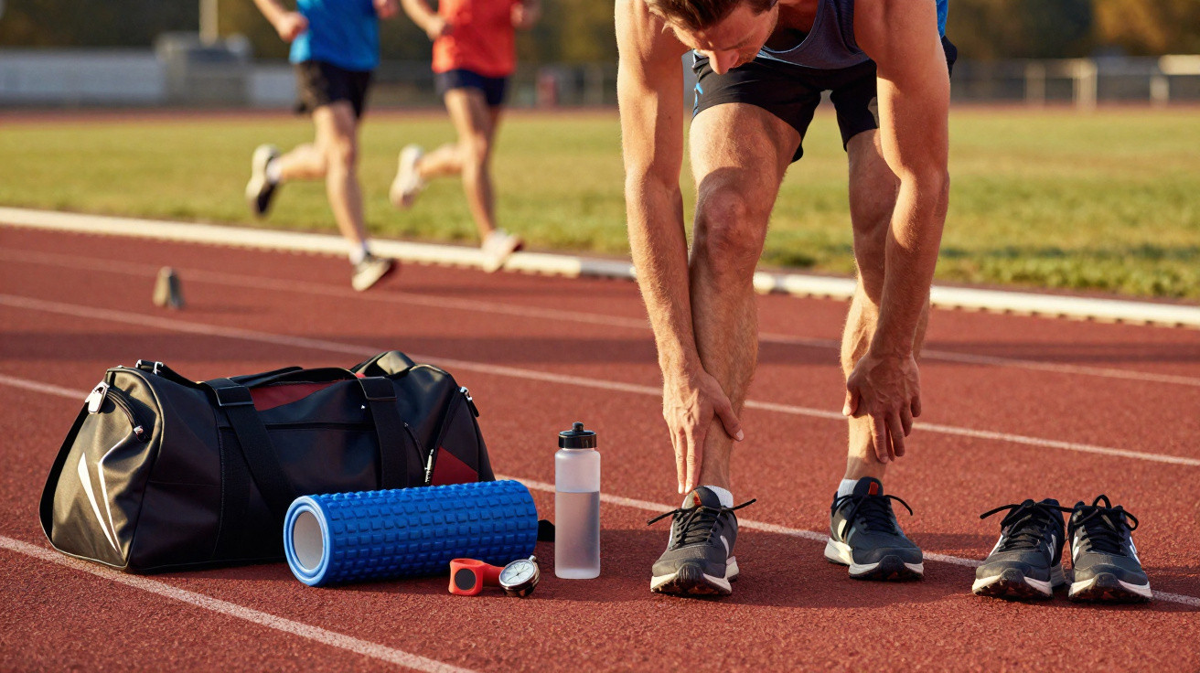 Homem se alongando na pista de corrida com bolsas, tênis e equipamentos ao lado.