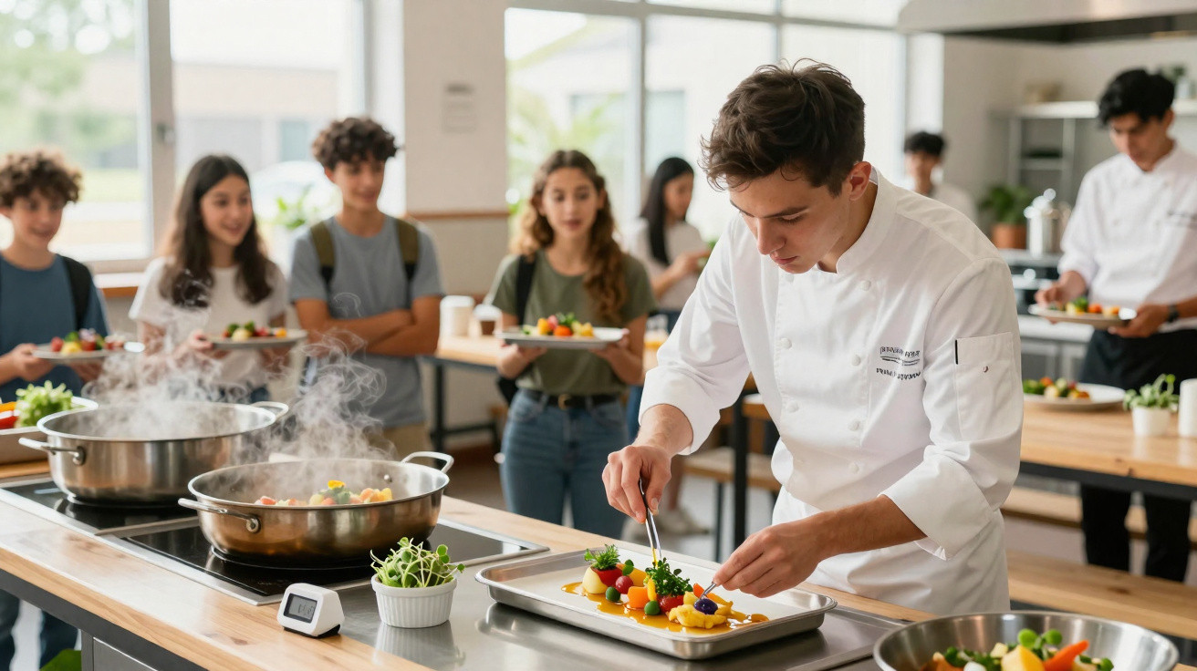 Chef jovem preparando prato gourmet enquanto jovens observam em aula de culinária moderna.