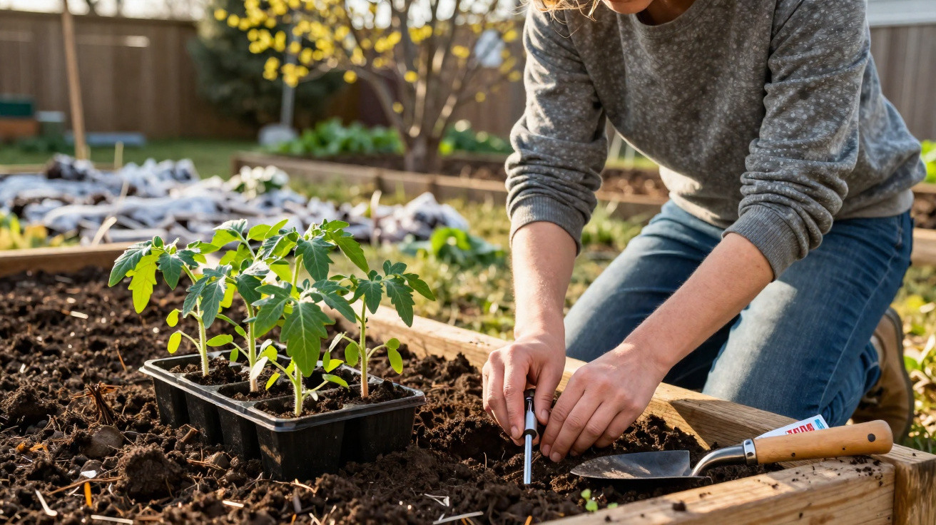 Pessoa plantando mudas em canteiro de madeira em jardim ensolarado.