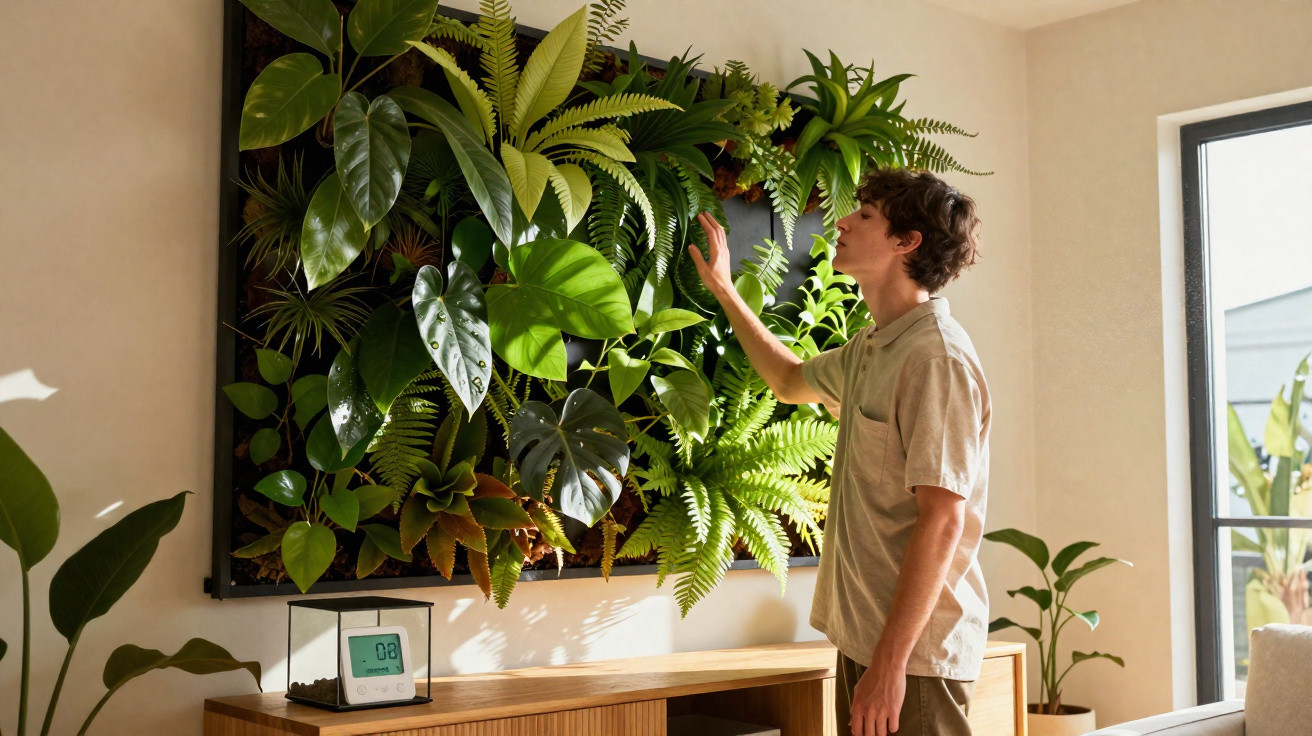 Homem cuidando de jardim vertical interno com plantas verdes em sala iluminada pela janela.