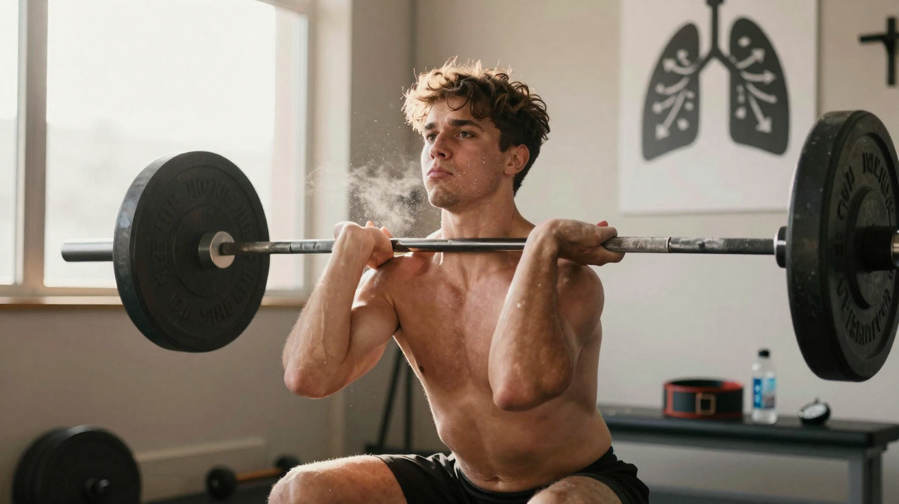 Homem sem camisa levantando barra com pesos em academia iluminada por janela.