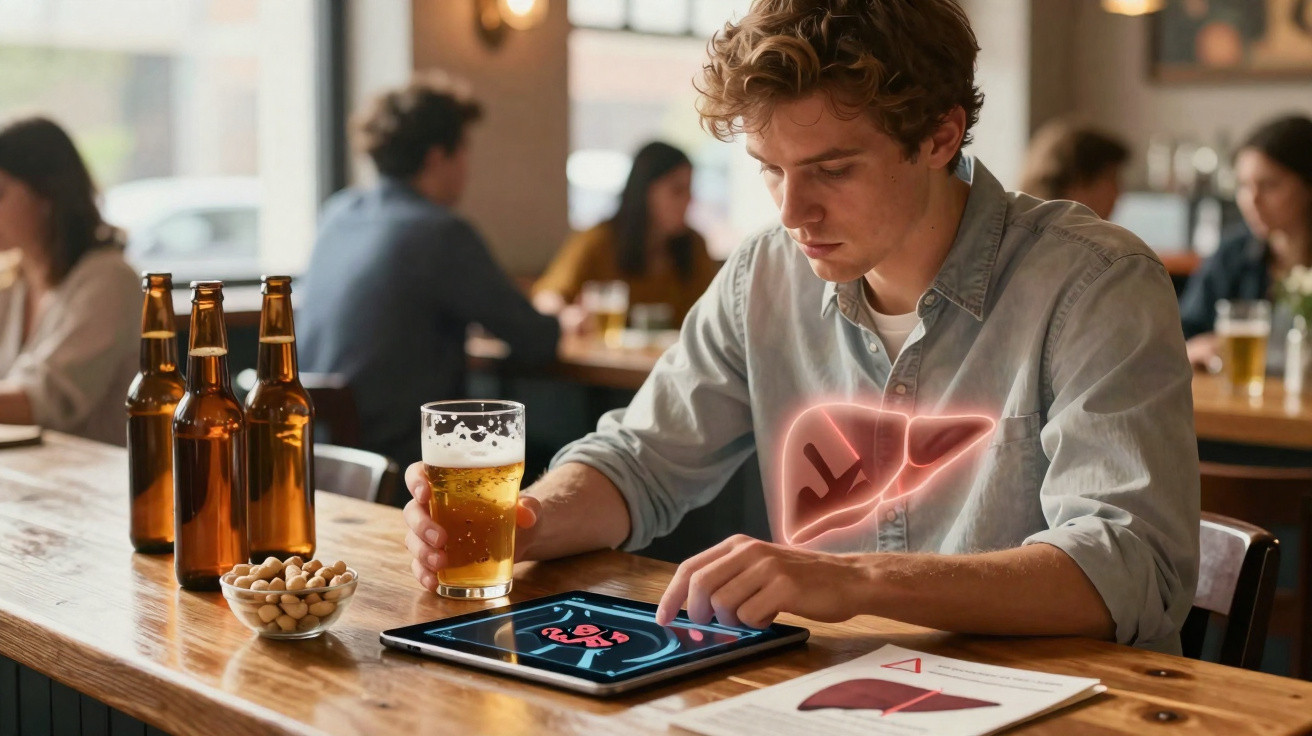 Homem sentado em bar com cerveja e tablet mostrando imagem do fígado iluminado sobreposto.