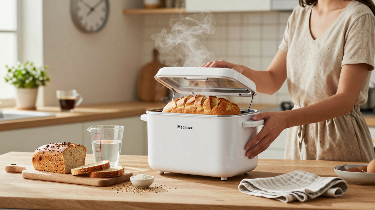 Mulher retirando pão quente recém assado de uma máquina de fazer pão em cozinha moderna.