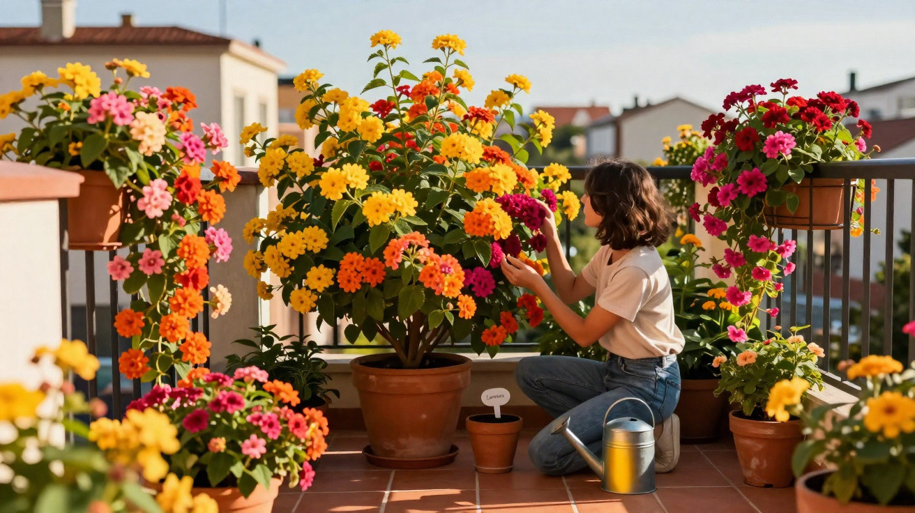 Menina cuidando de flores coloridas em vasos na varanda ensolarada de uma casa.