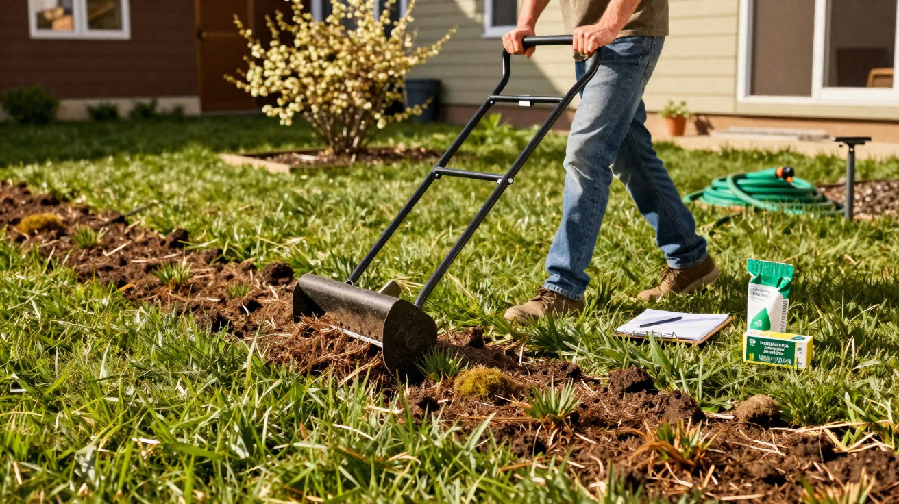 Pessoa usando rolo manual para preparar terreno de jardim em área gramada de casa residencial.