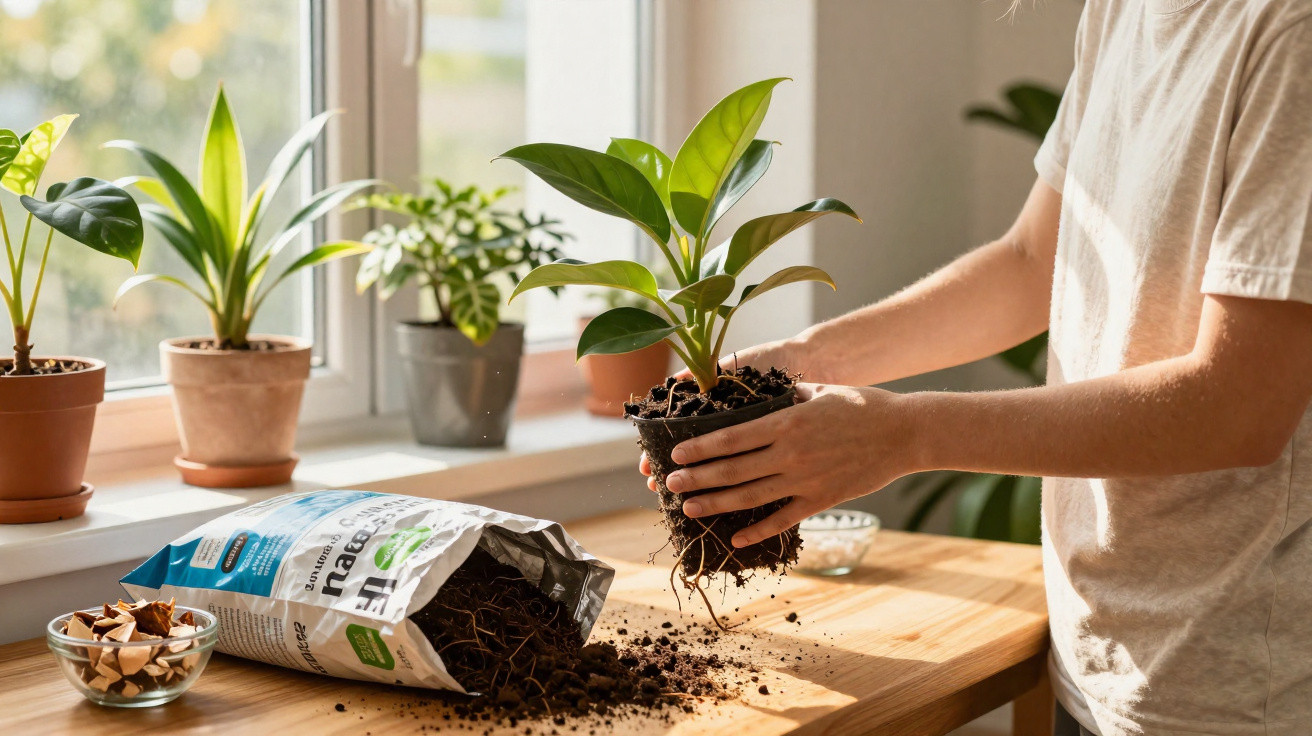 Pessoa transplantando planta em vaso com terra sobre mesa próxima a janela iluminada.