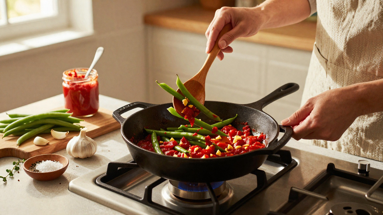 Pessoa mexendo molho de tomate com vagem em frigideira sobre fogão a gás em cozinha iluminada.