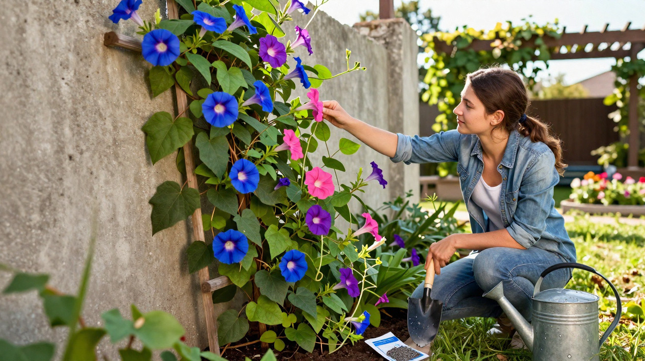 Mulher cuidando de flores coloridas em um jardim, ajoelhada com regador e pá na mão.