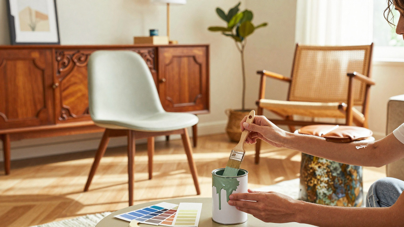 Pessoa segurando pincel e lata de tinta verde, com amostras de cores em sala decorada com móveis de madeira.