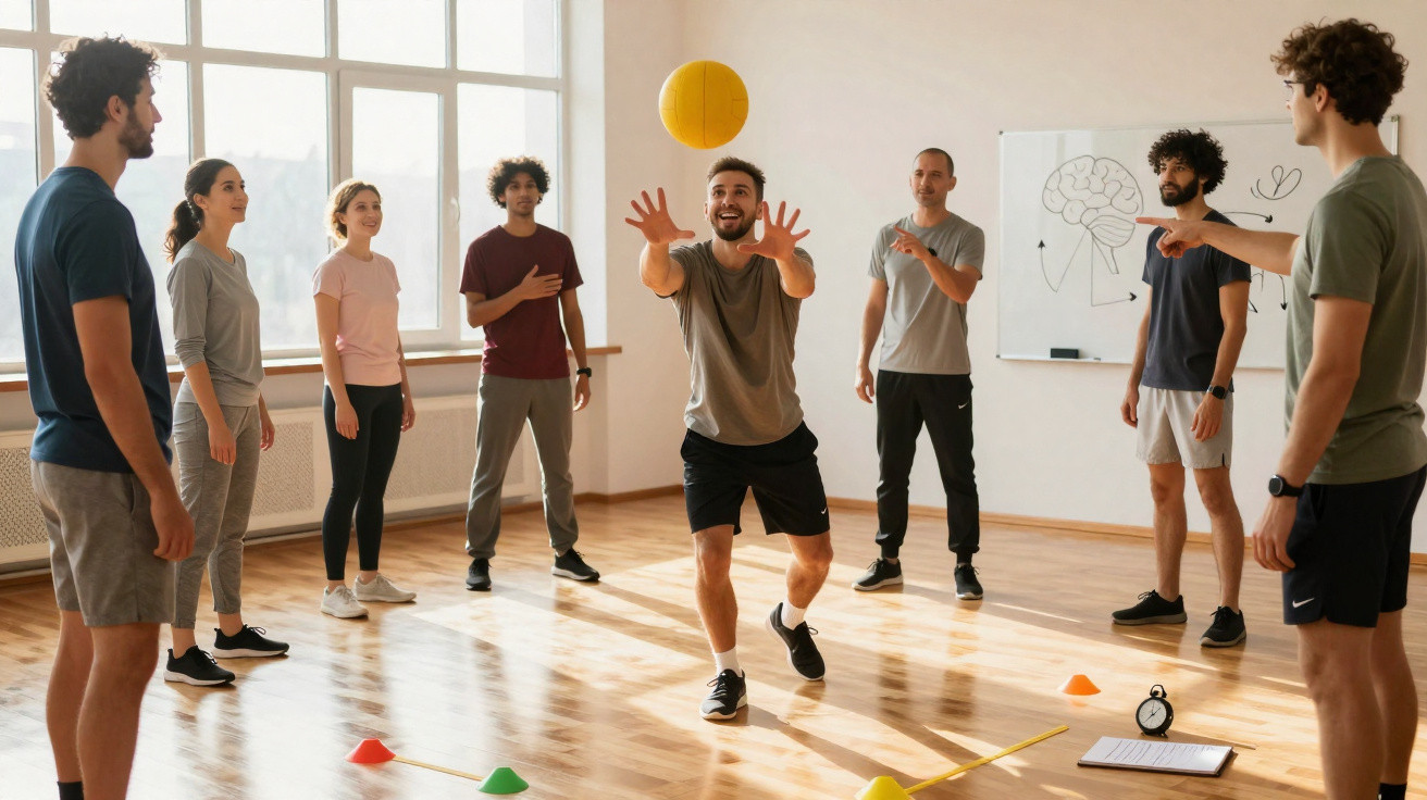 Grupo de jovens em sala iluminada praticando exercício com bola amarela e cones coloridos no chão.