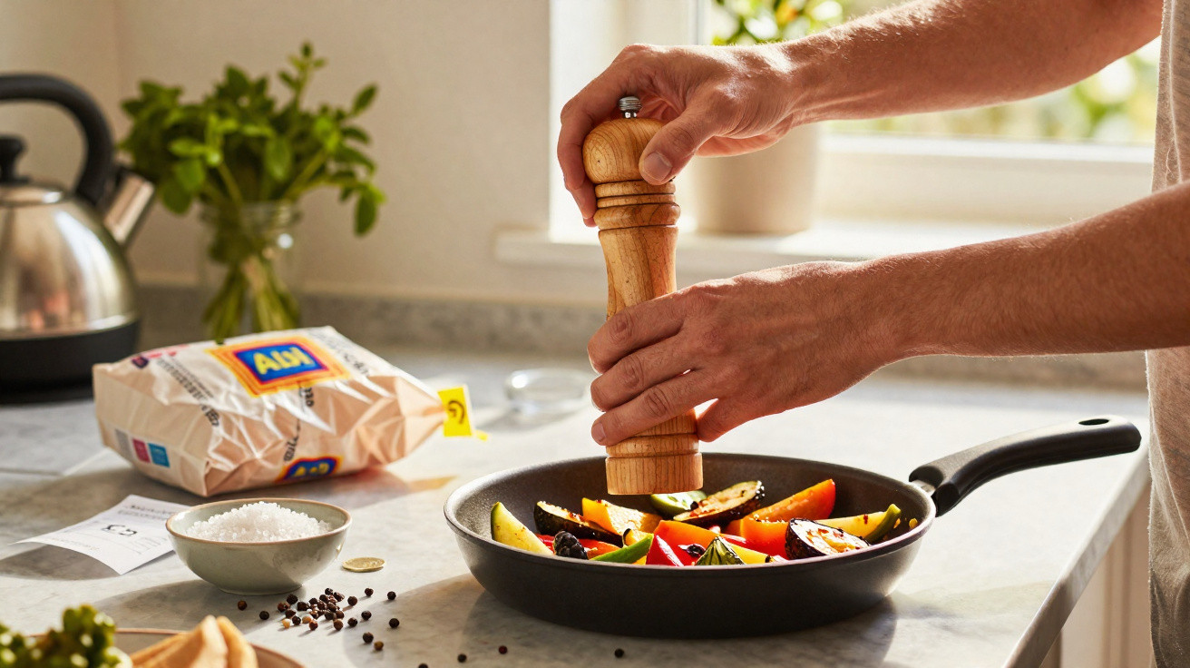 Pessoa temperando legumes variados em frigideira com moinho de pimenta em cozinha iluminada pela manhã.