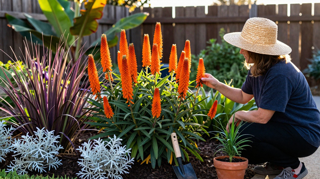 Mulher com chapéu cuidando de flores laranjas em jardim ensolarado cercado por cerca de madeira.
