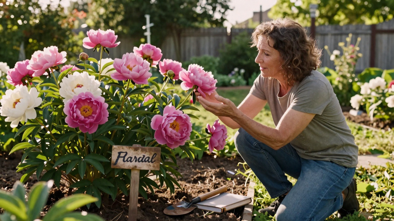 Mulher cuidando de flores cor-de-rosa em jardim ensolarado com placa escrita Pardal.